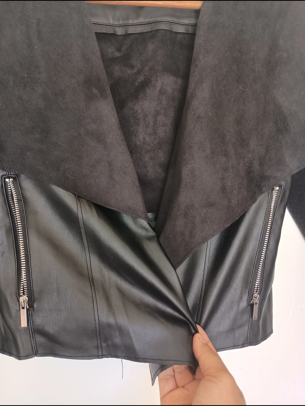 bagatelle Black Faux Leather Draped Jacket with Suede Shawl Collar